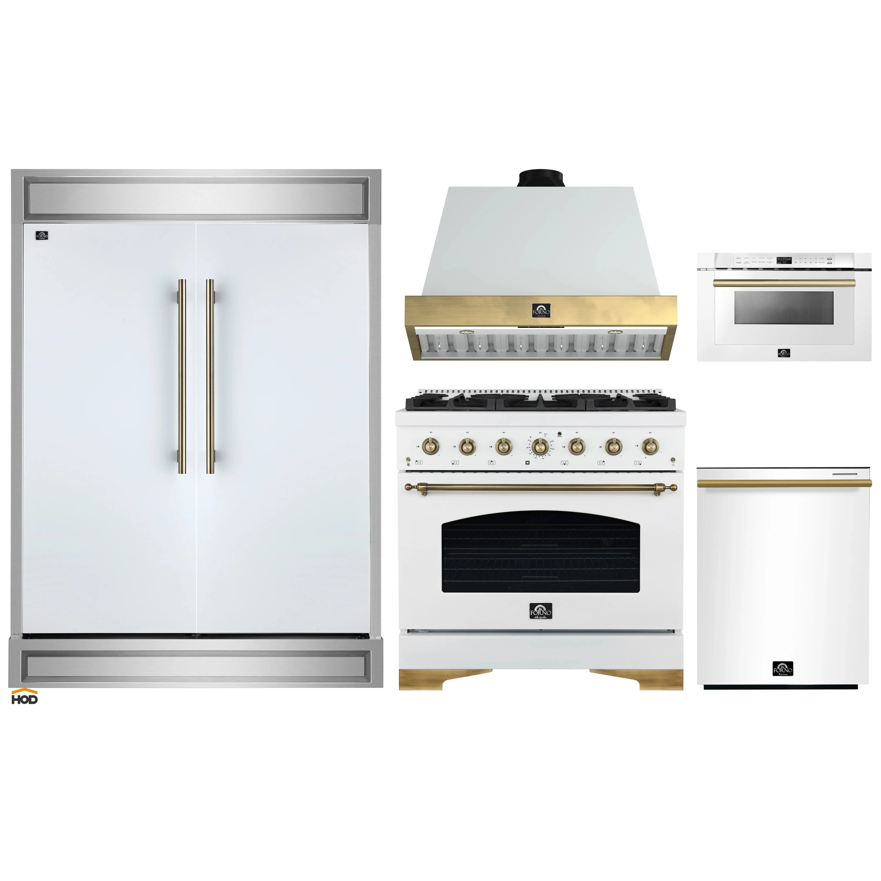 White appliance package set with refrigerator, gas range, hood, microwave, and dishwasher
