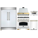 Forno 5-Piece Appliance Package - 36-Inch Gas Range, Wall Mount Range Hood, 60-Inch Refrigerator, Dishwasher, & 24-Inch Microwave Drawer in White with Antique Brass Handle
