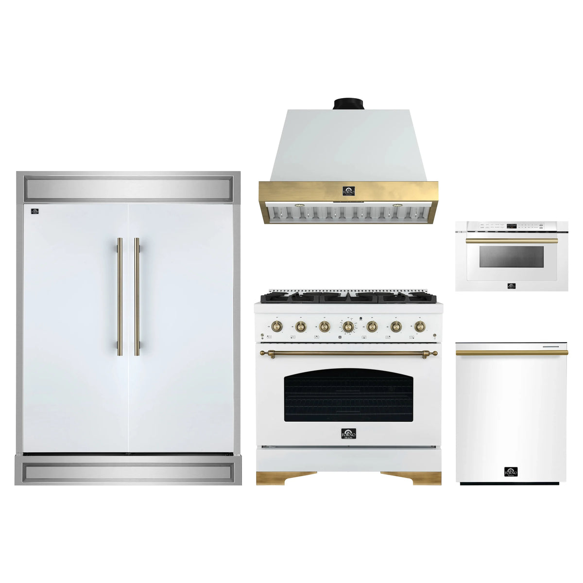 Forno 5-Piece Appliance Package - 36-Inch Gas Range, Wall Mount Range Hood, 60-Inch Refrigerator, Dishwasher, & 24-Inch Microwave Drawer in White with Antique Brass Trim