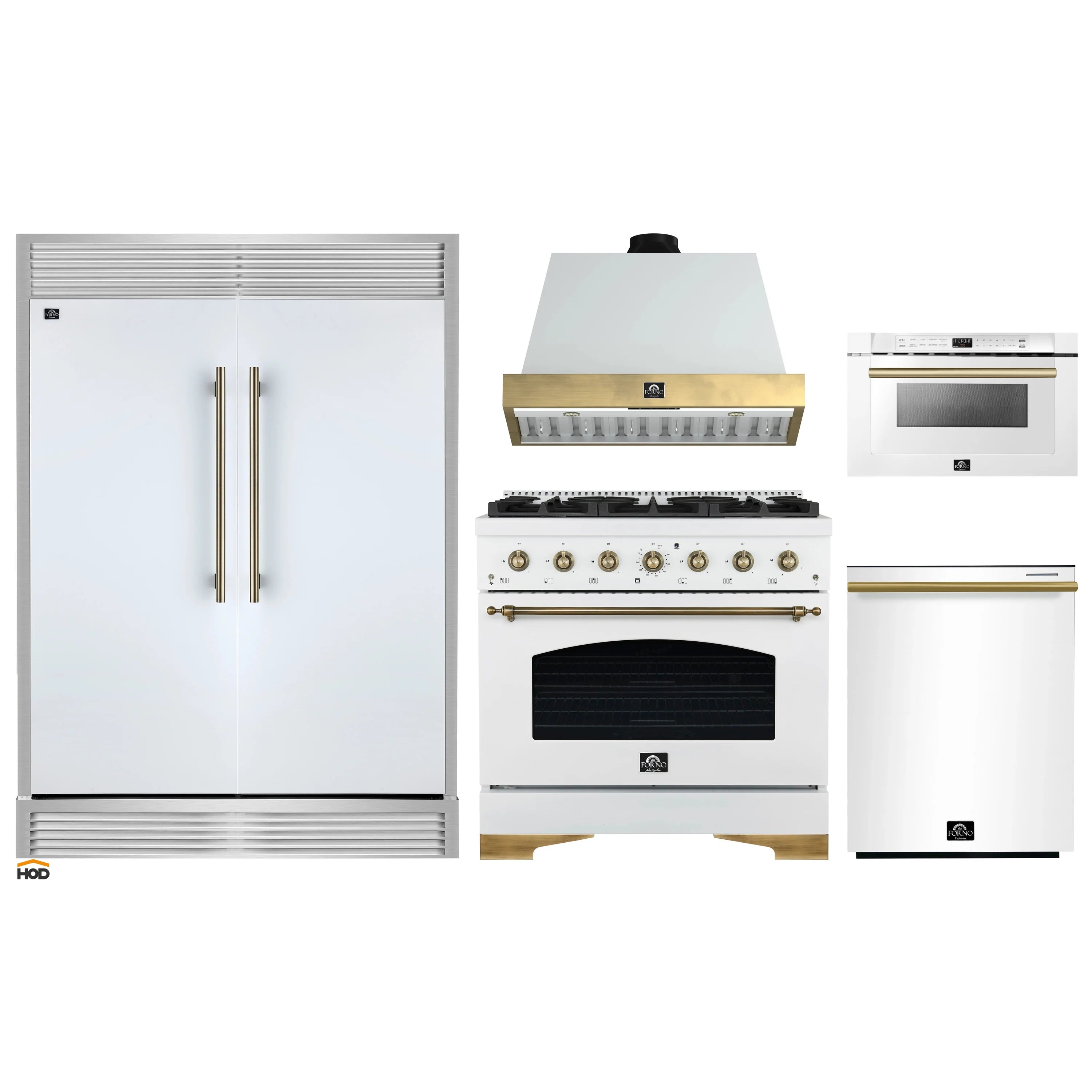 Kitchen appliance set with white refrigerator, gas range, range hood, and microwave