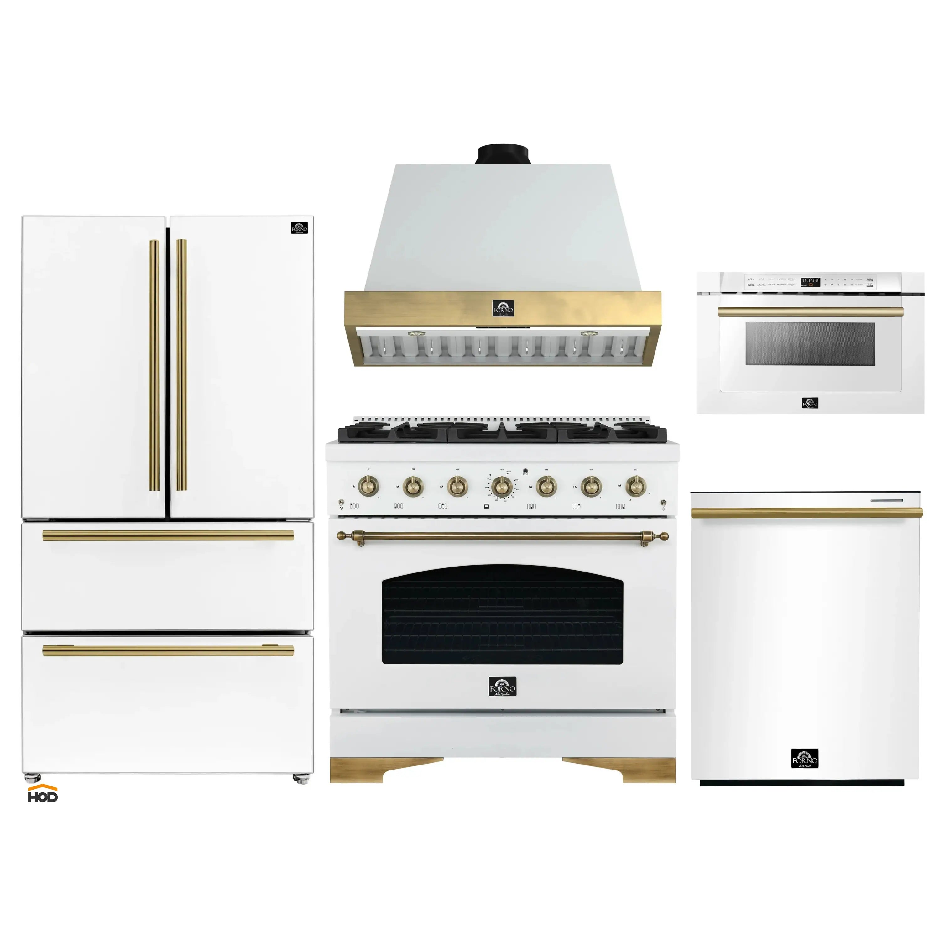 White kitchen appliance package with antique brass trim, oven, hood, and dishwasher