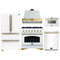 Forno Antico 5-Piece Appliance Package - 36-Inch Gas Range, 36-Inch Hood, 36-Inch Refrigerator, 24-Inch Dishwasher, & 24-Inch Microwave Drawer in White with Antique Brass Trim
