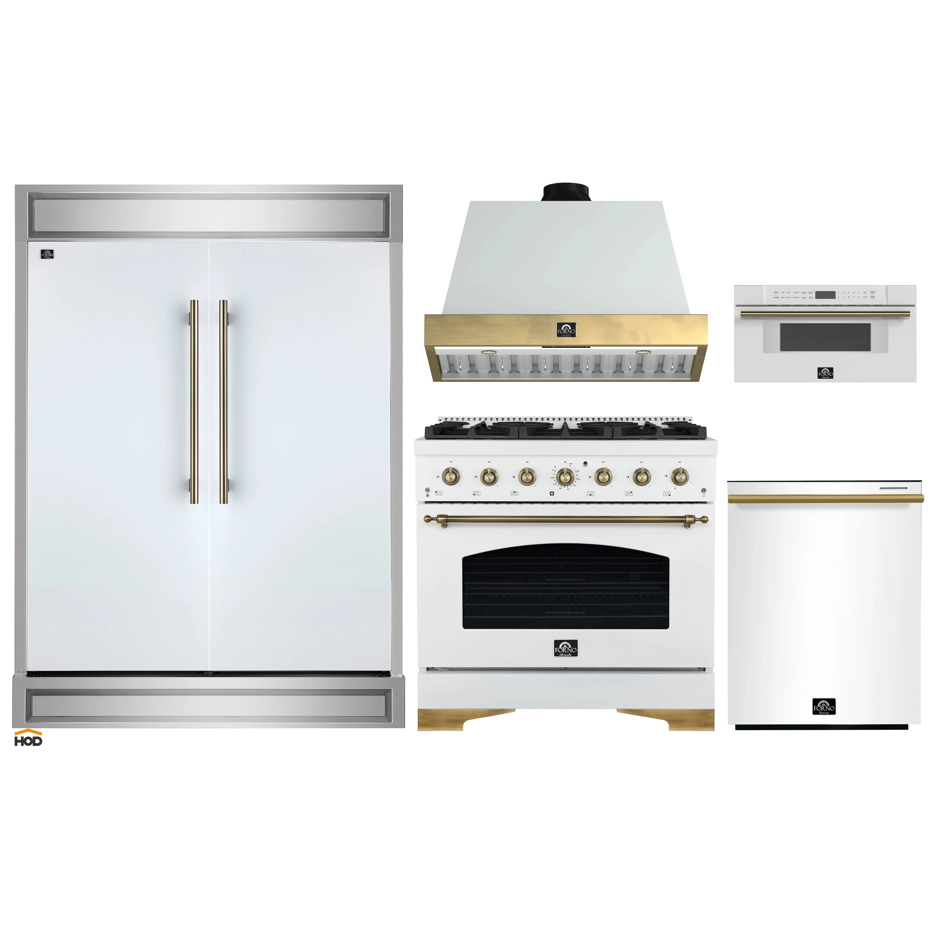 White appliance set including refrigerator, gas range, range hood, oven, and microwave drawer