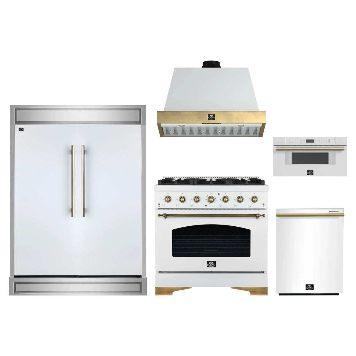 Forno 5-Piece Appliance Package - 36-Inch Gas Range, Wall Mount Range Hood, 60-Inch Refrigerator, Dishwasher, & 30-Inch Microwave Drawer in White with Antique Brass Trim