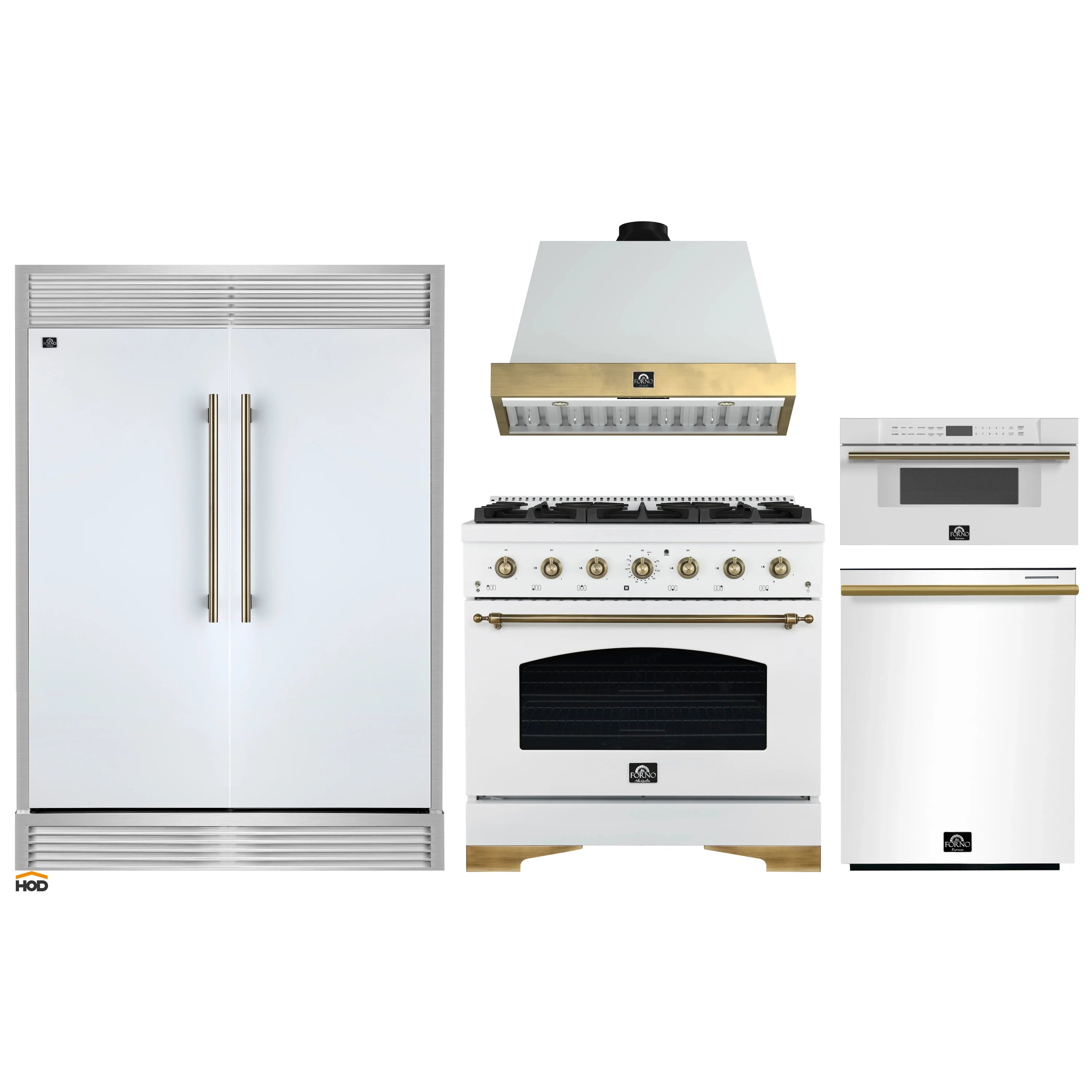 White 5-piece appliance package: gas range, hood, refrigerator, dishwasher, microwave drawer