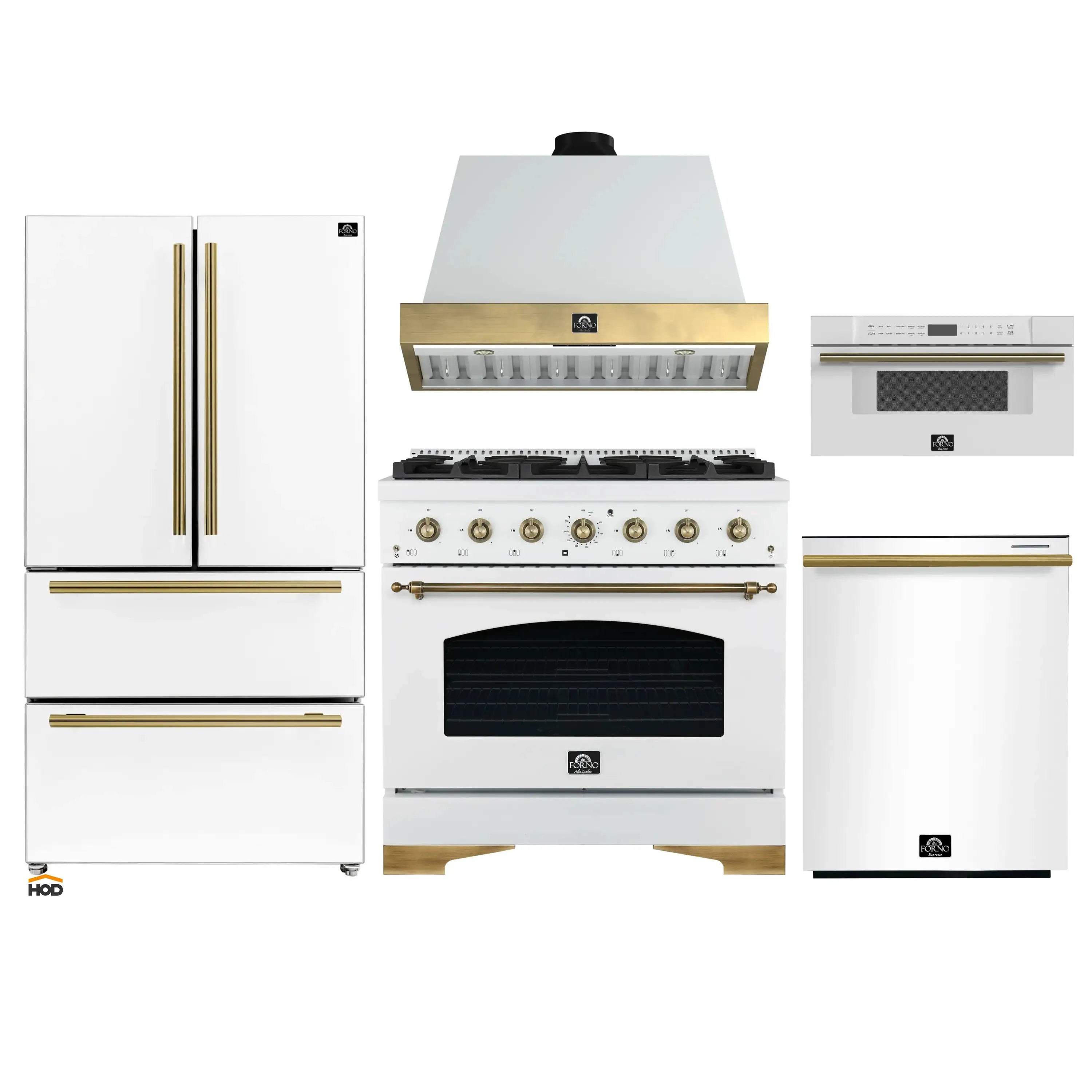 White appliance set with gas range, hood, refrigerator, dishwasher, and microwave drawer