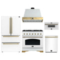 Forno Antico 5-Piece Appliance Package - 36-Inch Gas Range, 36-Inch Hood, 36-Inch Refrigerator, 24-Inch Dishwasher, & 30-Inch Microwave Drawer in White with Antique Brass Trim