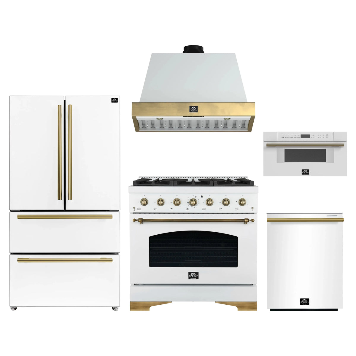 Forno Antico 5-Piece Appliance Package - 36-Inch Gas Range, 36-Inch Hood, 36-Inch Refrigerator, 24-Inch Dishwasher, & 30-Inch Microwave Drawer in White with Antique Brass Trim