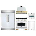 Forno 5-Piece Appliance Package - 36-Inch Antico Gas Range, Wall Mount Range Hood, 60-Inch Refrigerator, Dishwasher, & 24-Inch Microwave Oven in White with Antique Brass Trim