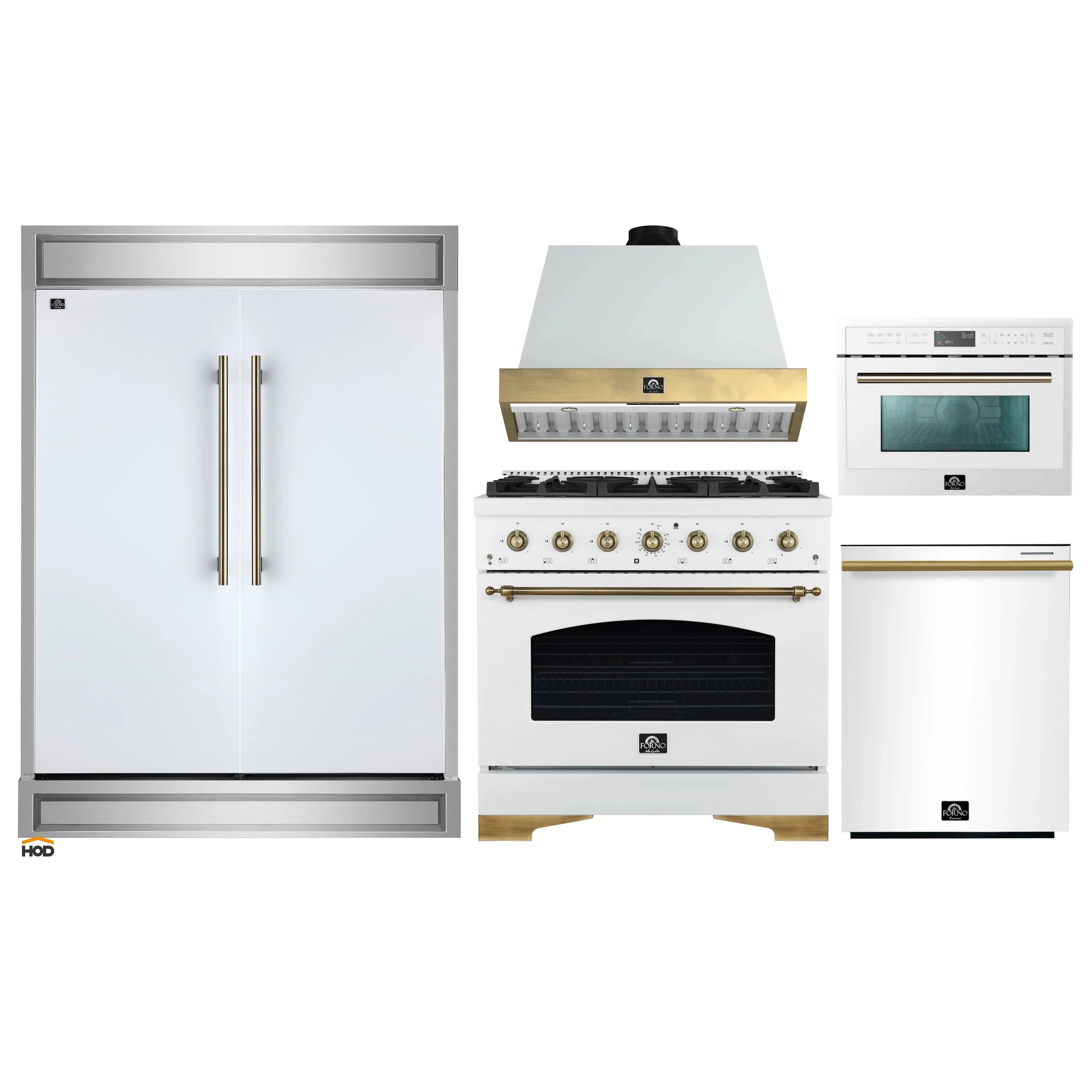 Kitchen appliance package with white refrigerator, range, microwave, dishwasher, and hood