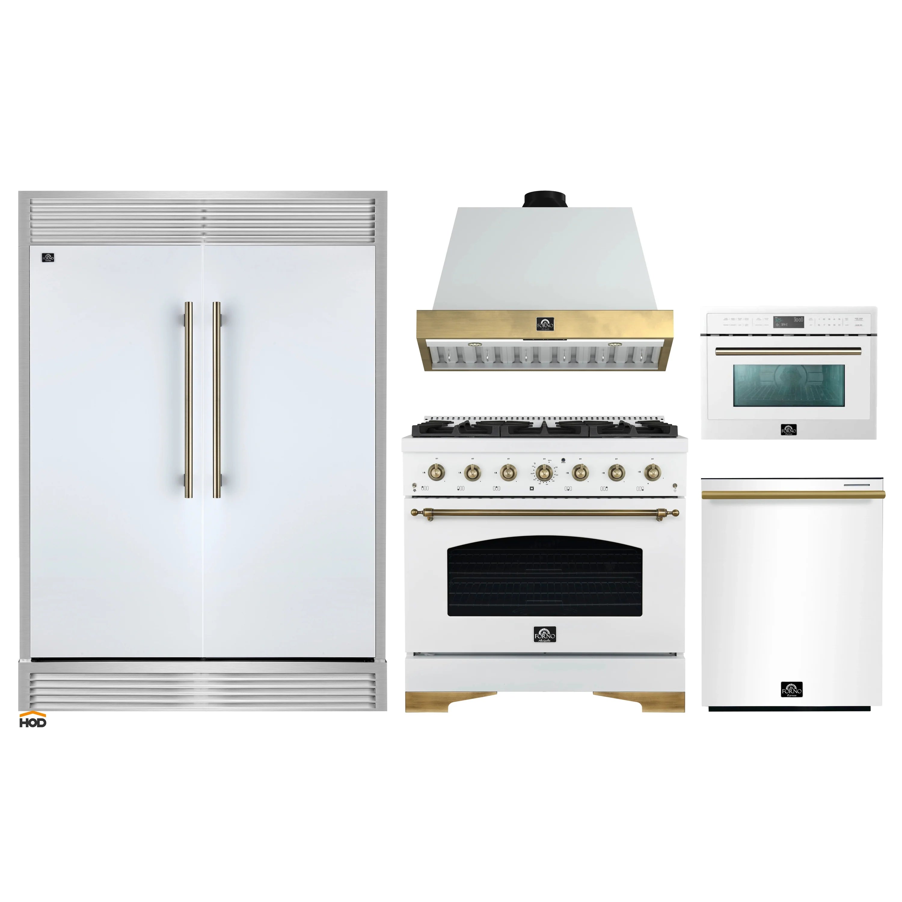 Forno white 5-piece appliance package showing refrigerator, range, oven, and microwave