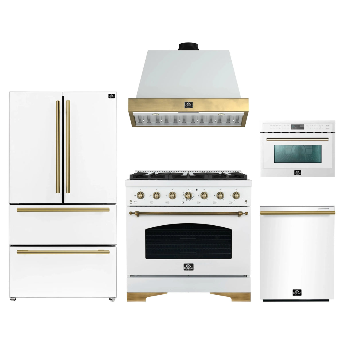 Forno Antico 5-Piece Appliance Package - 36-Inch Gas Range, 36-Inch Hood, 36-Inch Refrigerator, 24-Inch Dishwasher, & 24-Inch Microwave Oven in White with Antique Brass Trim