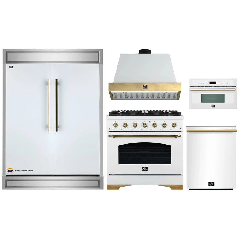 Forno 5-Piece Appliance Package - 36-Inch Antico Gas Range, Wall Mount Range Hood, 60-Inch Refrigerator, Dishwasher, & 30-Inch Microwave Oven in White with Antique Brass Handle