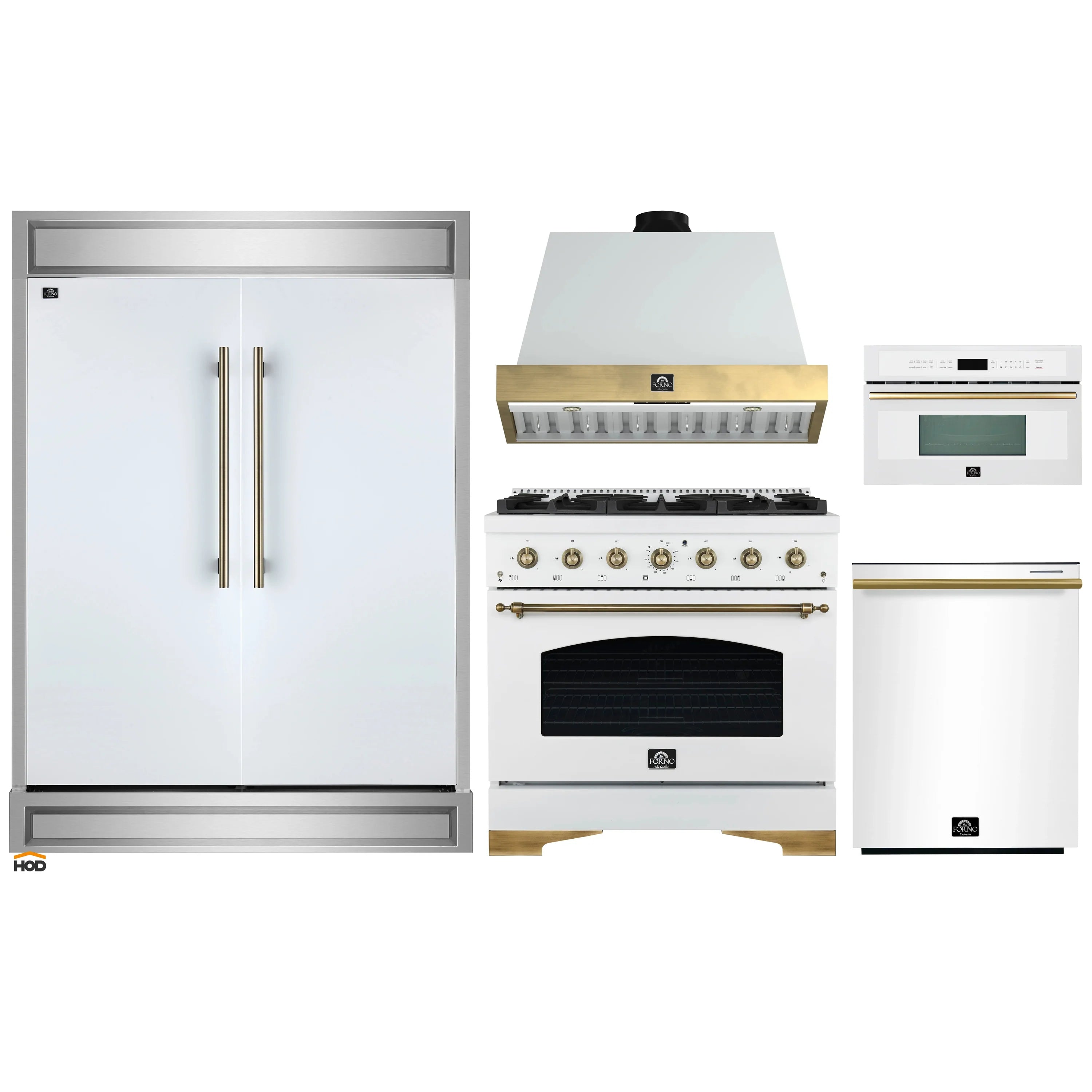 White appliance package set featuring refrigerator, range, range hood, and microwave