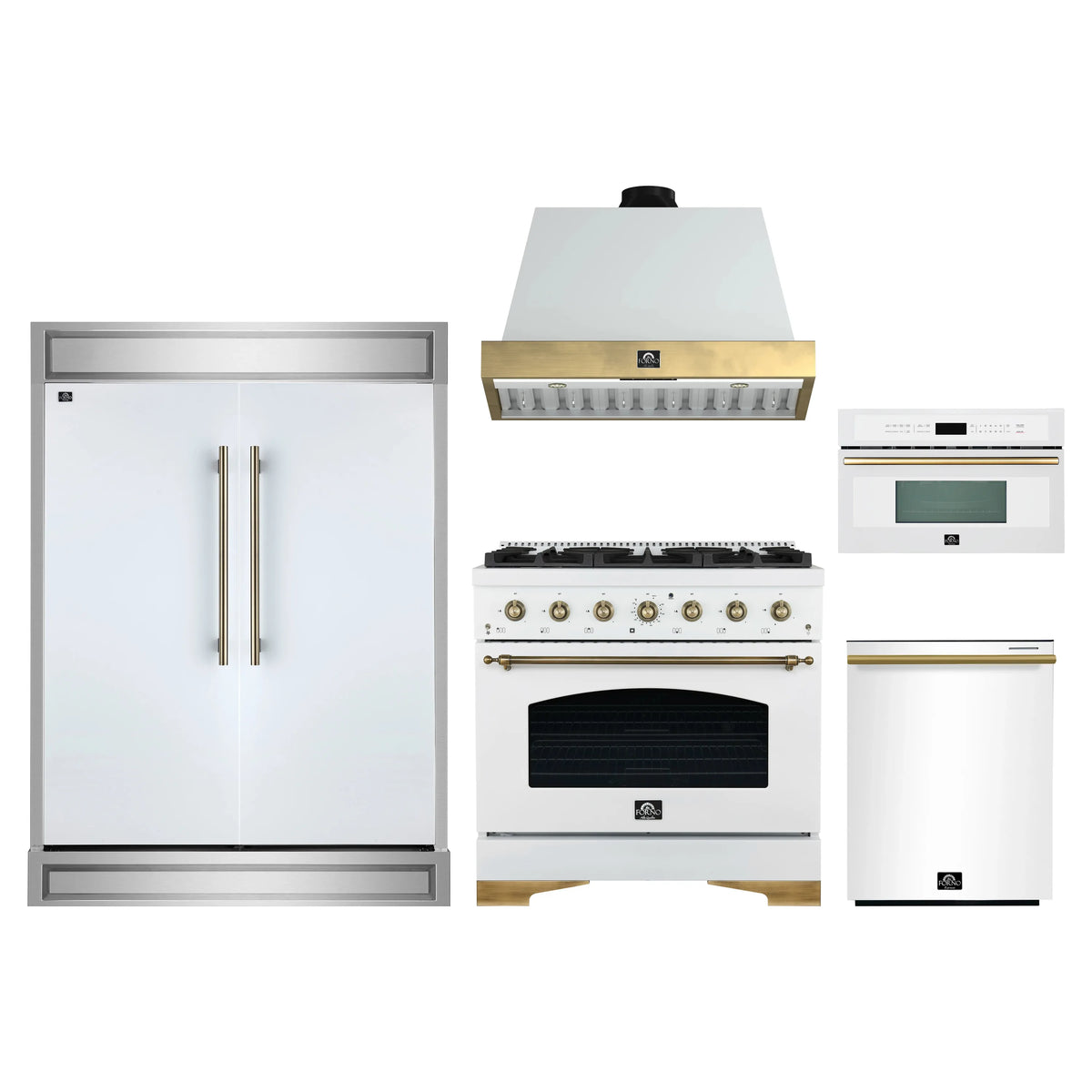 Forno 5-Piece Appliance Package - 36-Inch Antico Gas Range, Wall Mount Range Hood, 60-Inch Refrigerator, Dishwasher, & 30-Inch Microwave Oven in White with Antique Brass Trim