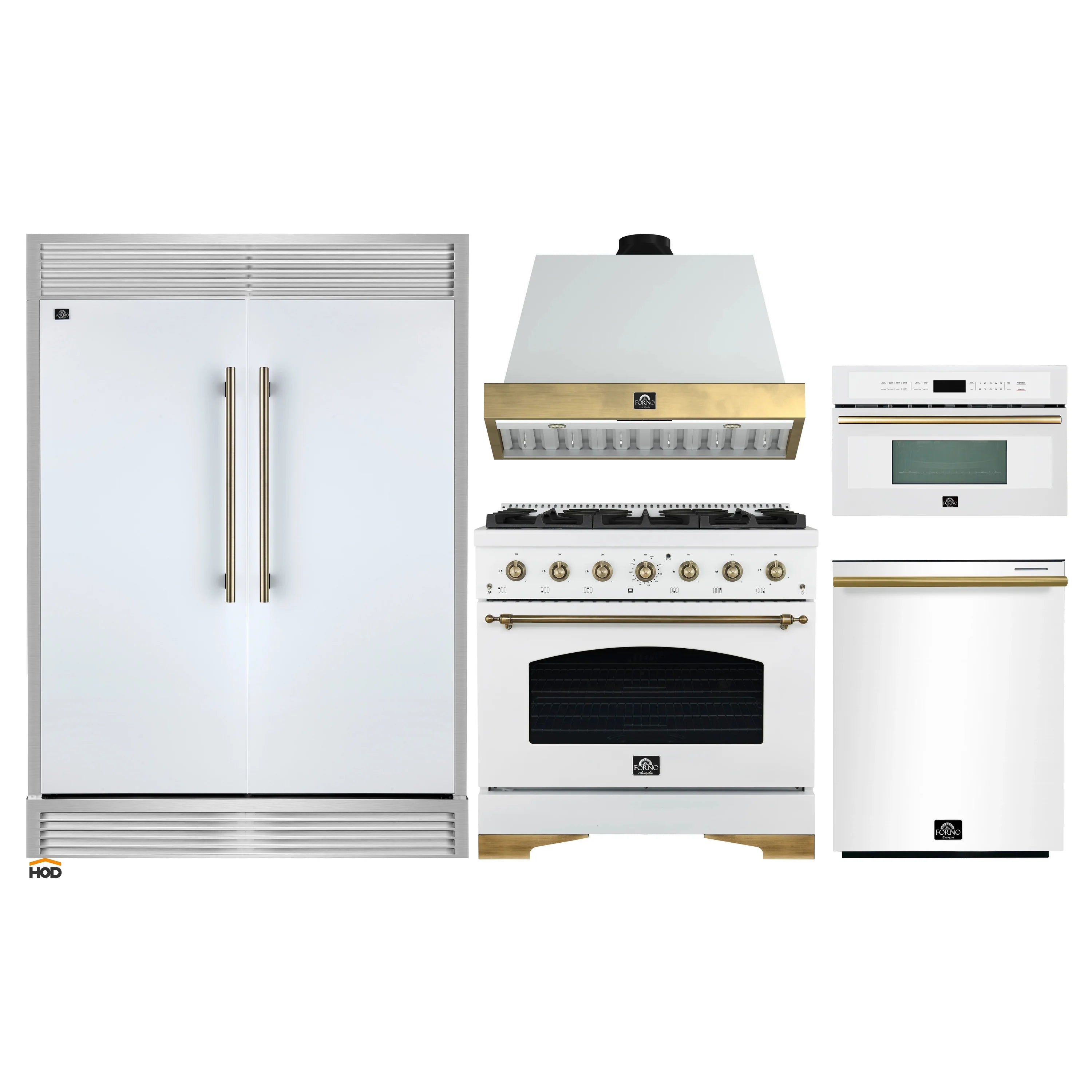 White kitchen appliance package set with antique brass handles, showing range, hood, and more