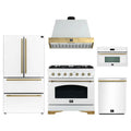 Forno Antico 5-Piece Appliance Package - 36-Inch Gas Range, 36-Inch Hood, 36-Inch Refrigerator, 24-Inch Dishwasher, & 30-Inch Microwave Oven in White with Antique Brass Trim