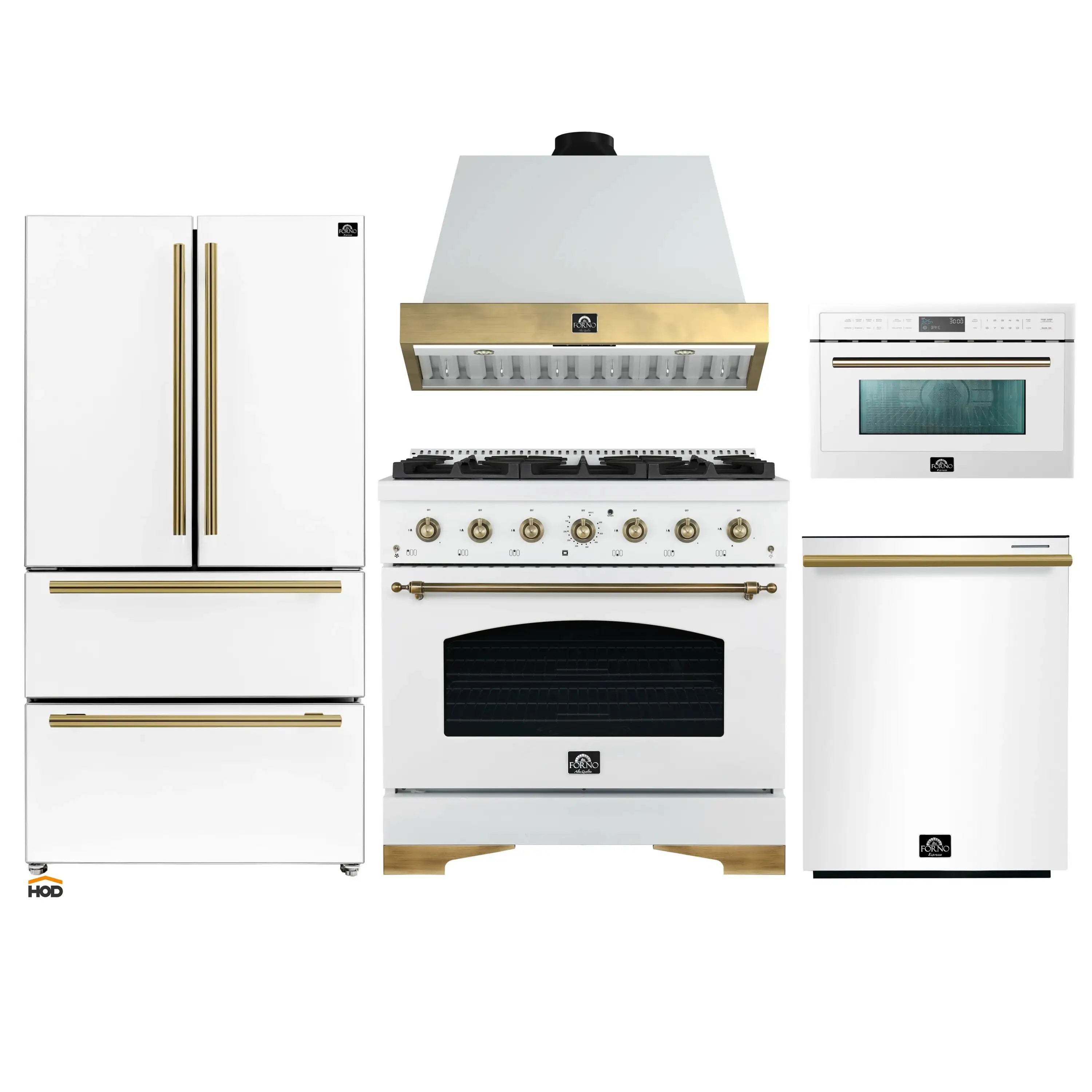 White kitchen appliance package with gas range, hood, and microwave, antique brass accents