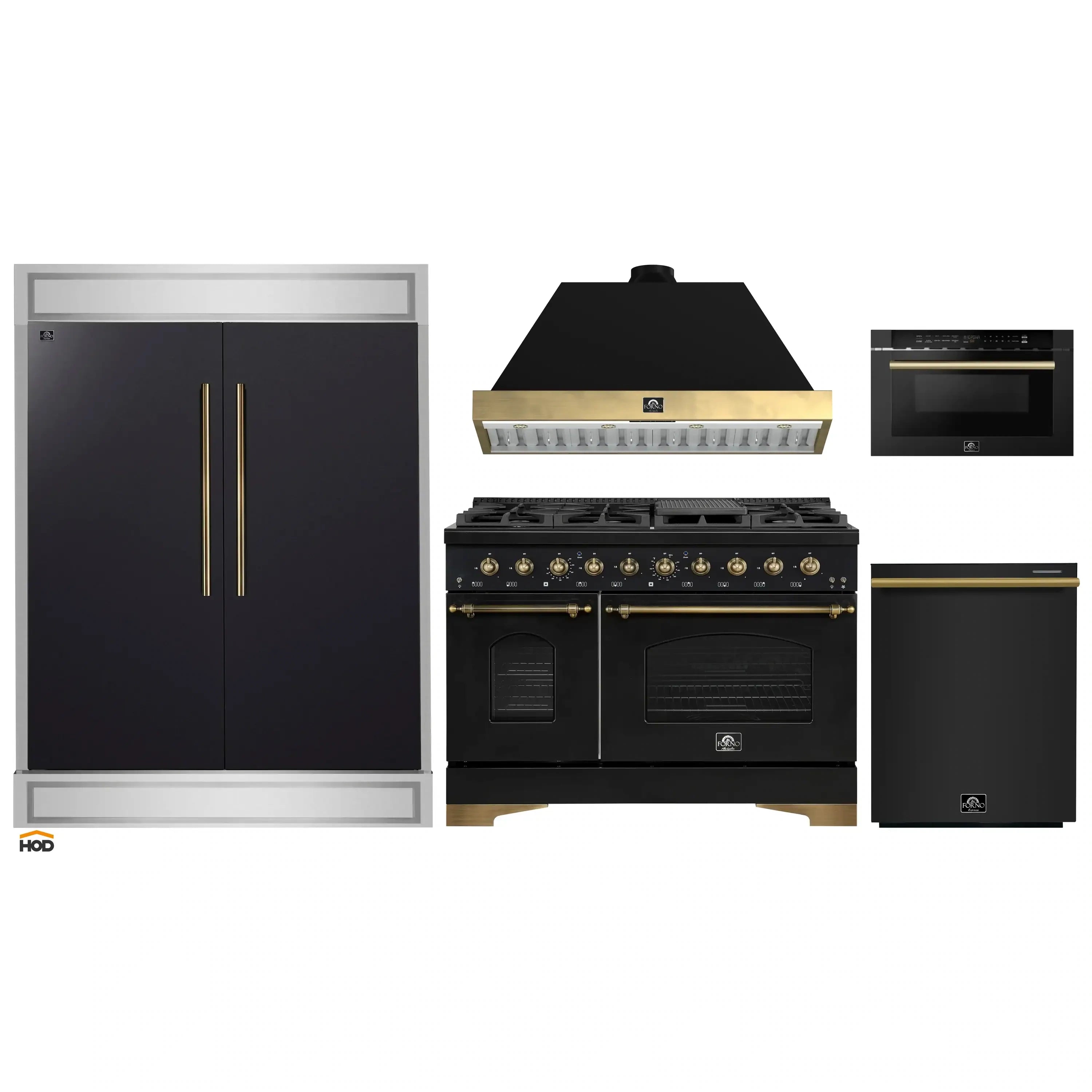 Black appliance package set with gas range, microwave drawer, and refrigerator