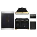 Forno 5-Piece Appliance Package - 48-Inch Gas Range, Hood, 60-Inch Convertible Refrigerator with Modern Trim, Dishwasher, and 24-Inch Microwave Drawer in Black with Antique Brass Trim