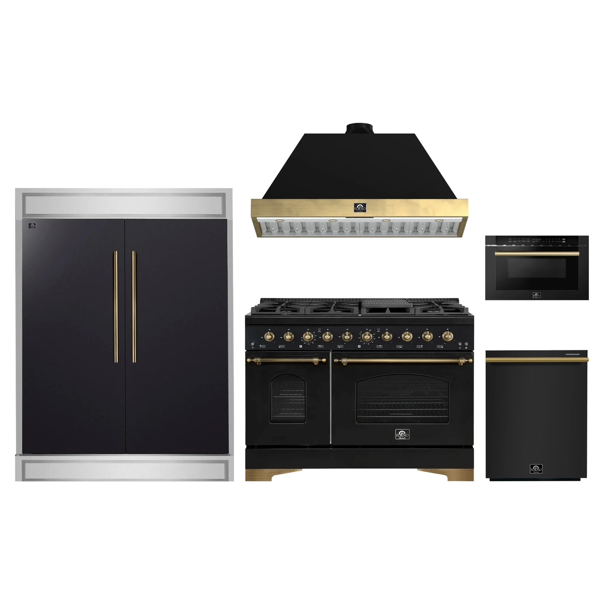 Forno 5-Piece Appliance Package - 48-Inch Gas Range, Hood, 60-Inch Convertible Refrigerator with Modern Trim, Dishwasher, and 24-Inch Microwave Drawer in Black with Antique Brass Trim