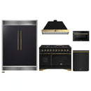 Forno 5-Piece Appliance Package - 48-Inch Gas Range, 60-Inch Convertible Refrigerator with Modern Grille Trim, Dishwasher, and 24-Inch Microwave Drawer in Black with Antique Brass Handle