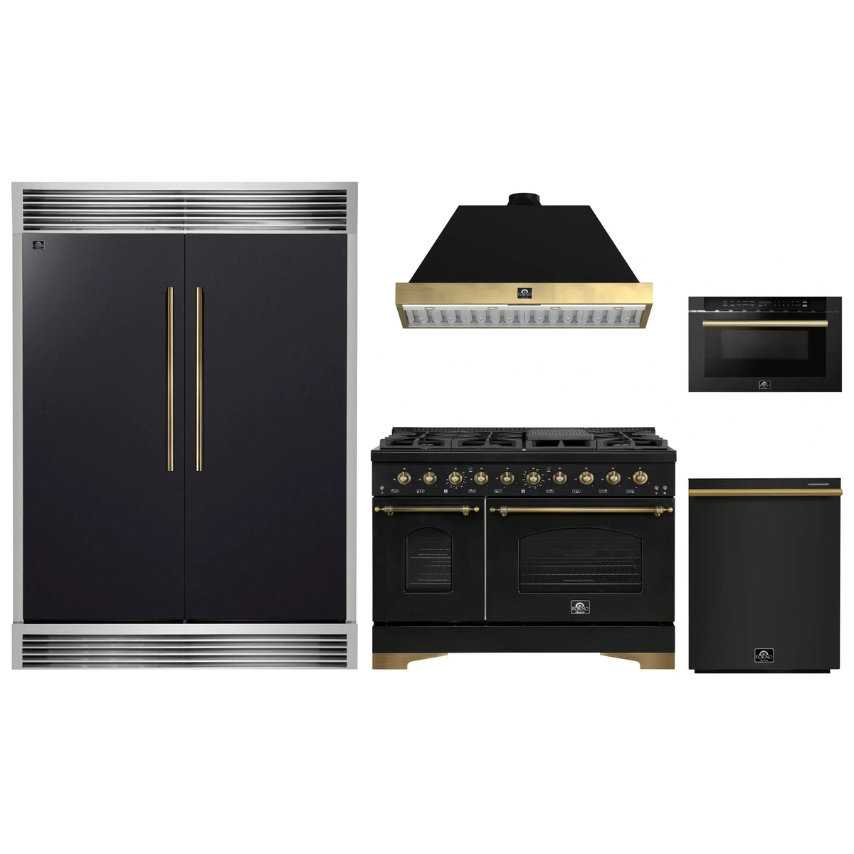 Forno 5-Piece Appliance Package - 48-Inch Gas Range, Hood, 60-Inch Convertible Refrigerator with Modern Grille Trim, Dishwasher, and 24-Inch Microwave Drawer in Black with Antique Brass Trim