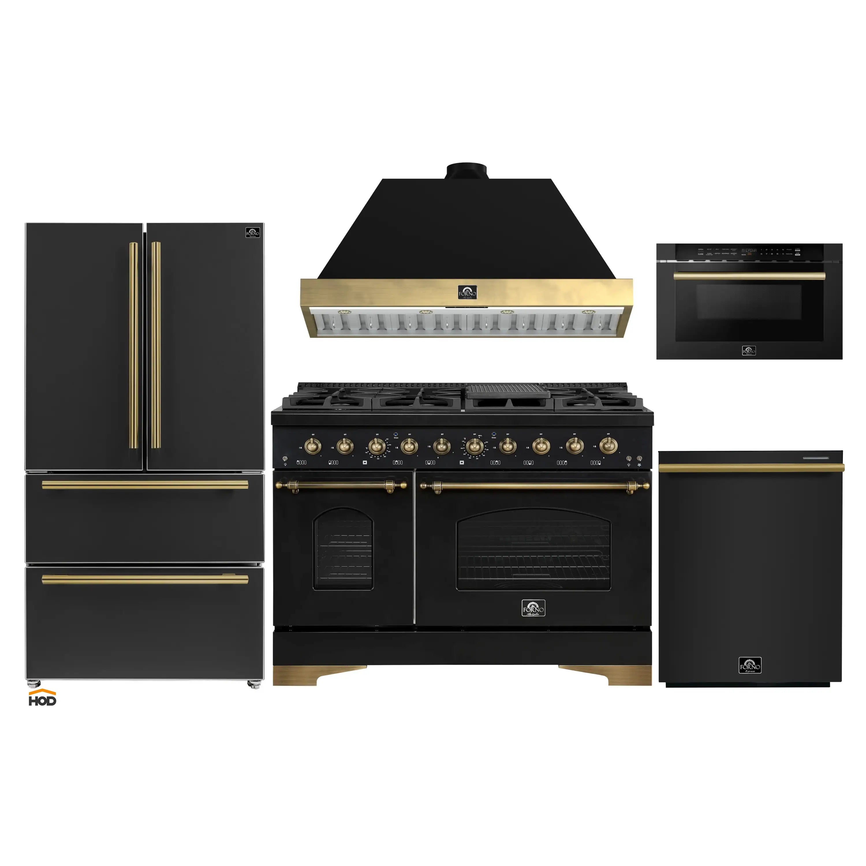 Black kitchen appliance set: gas range with brass trim, hood, refrigerator, dishwasher