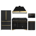 Forno Antico 5-Piece Appliance Package - 48-Inch Gas Range, 48-Inch Hood, 36-Inch Refrigerator, 24-Inch Dishwasher, & 24-Inch Microwave Drawer in Black with Antique Brass Trim