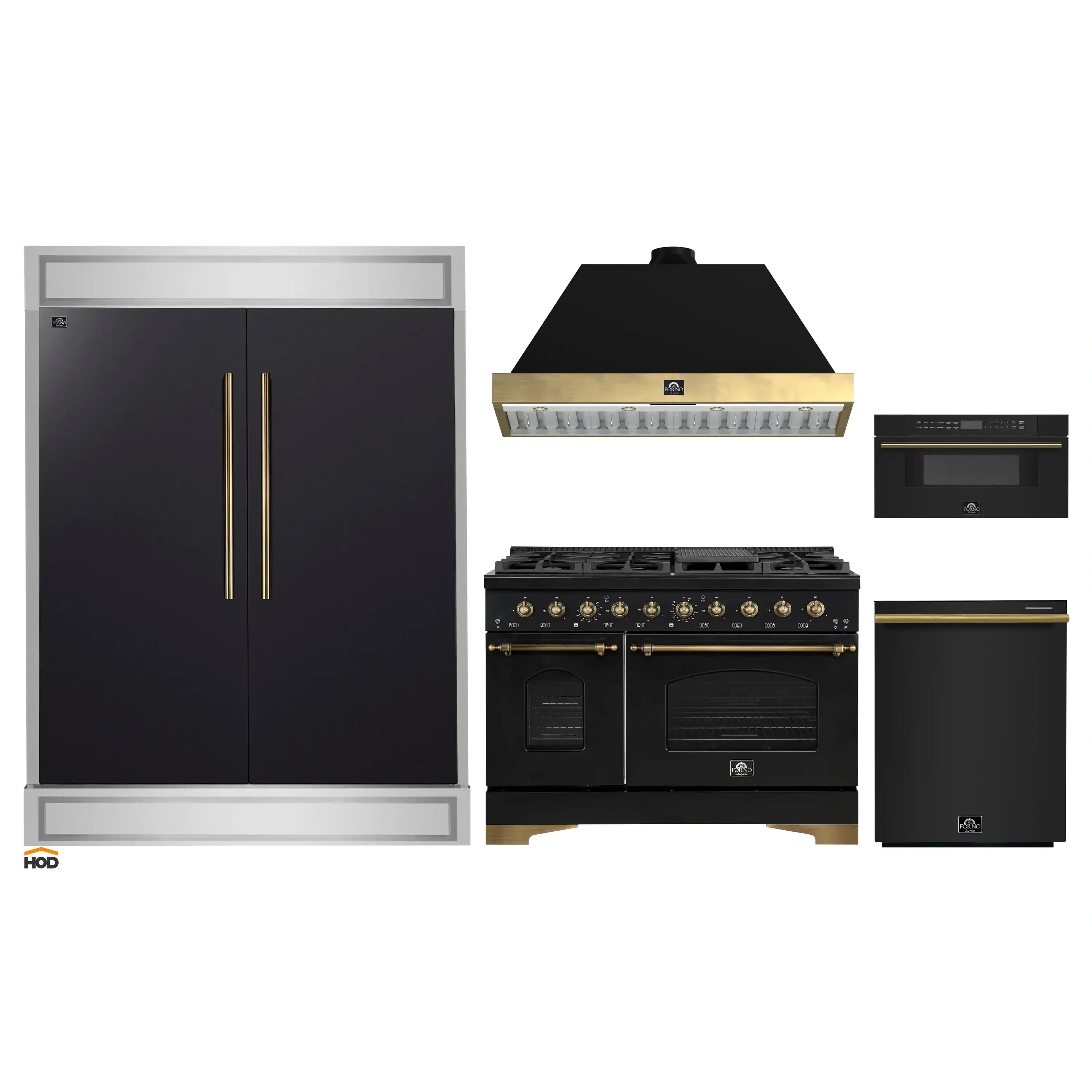 Black appliance package with gold-accent refrigerator, gas range, dishwasher, and microwave