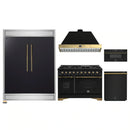 Forno 5-Piece Appliance Package - 48-Inch Gas Range, 60-Inch Convertible Refrigerator with Modern Trim, Dishwasher, and 30-Inch Microwave Drawer in Black with Antique Brass Handle