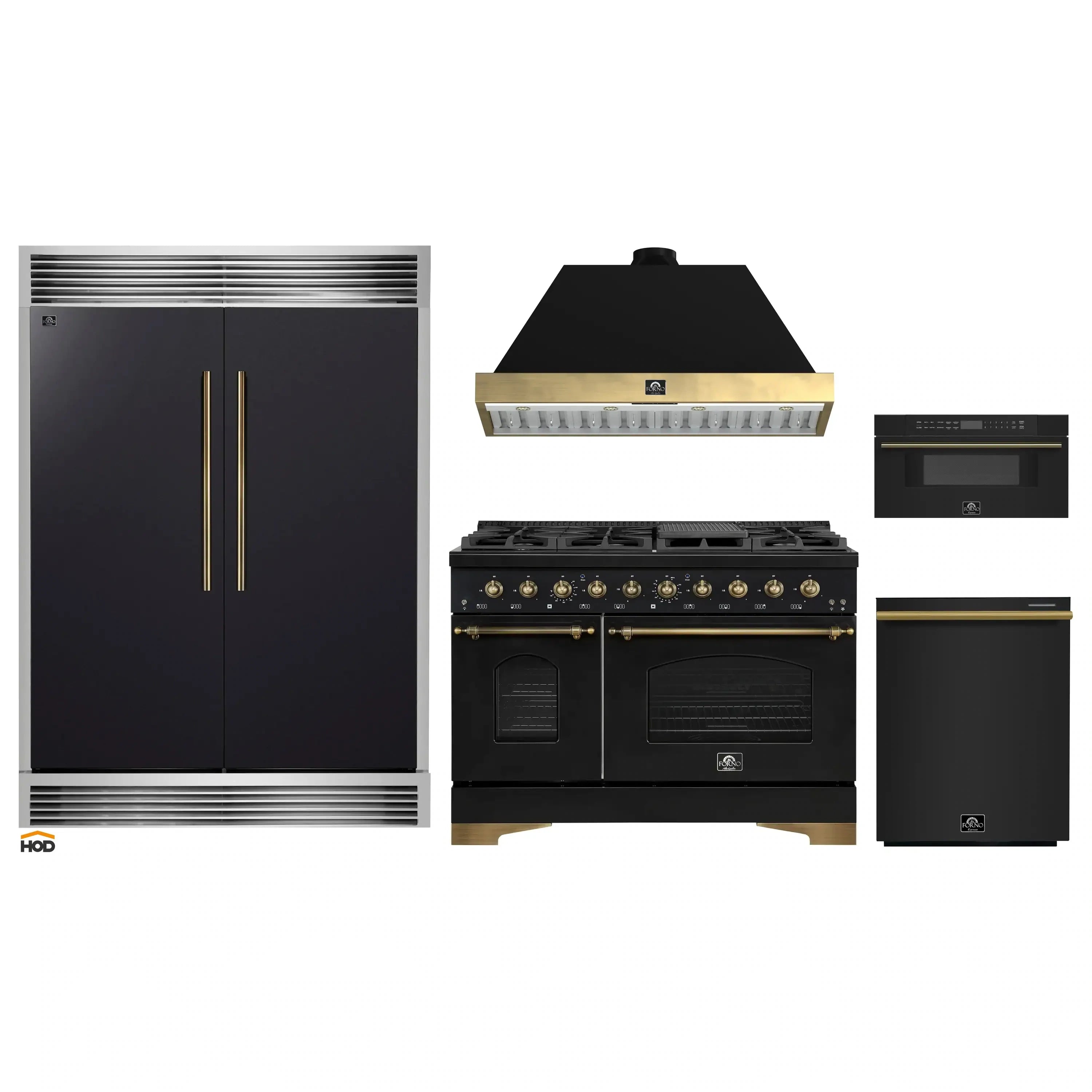 Black appliance set: gas range, refrigerator, dishwasher, microwave drawer with brass trim