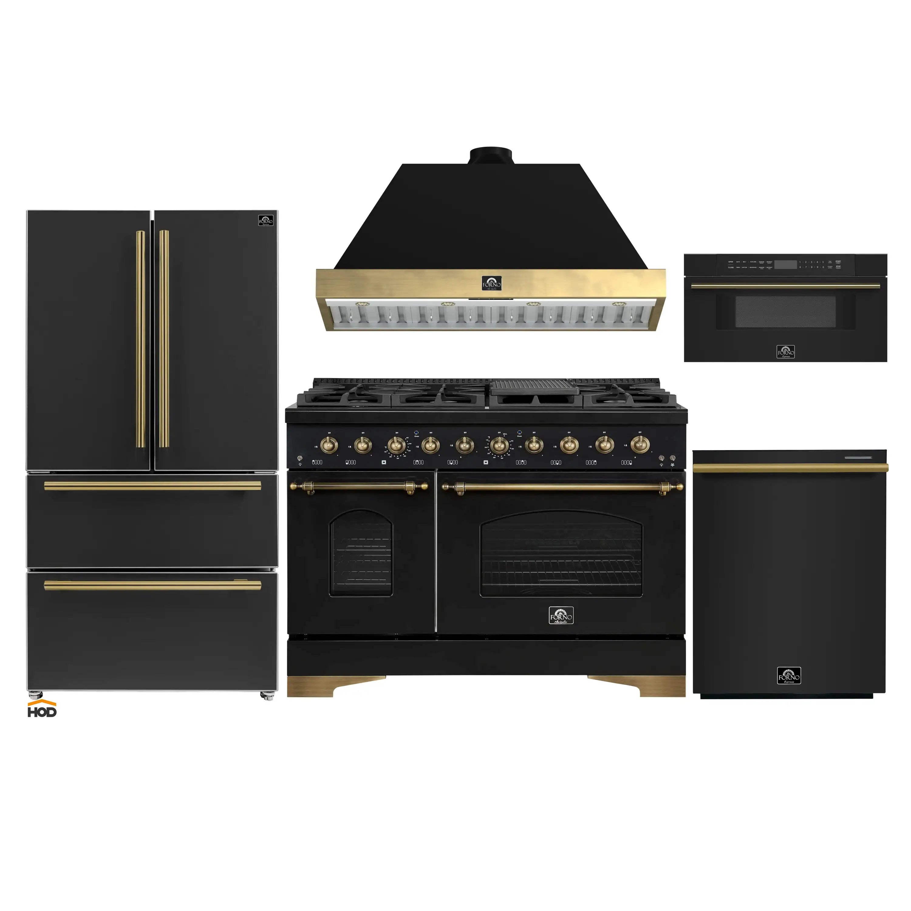 Black gas range with brass accents, matching hood, refrigerator, dishwasher, and microwave drawer.