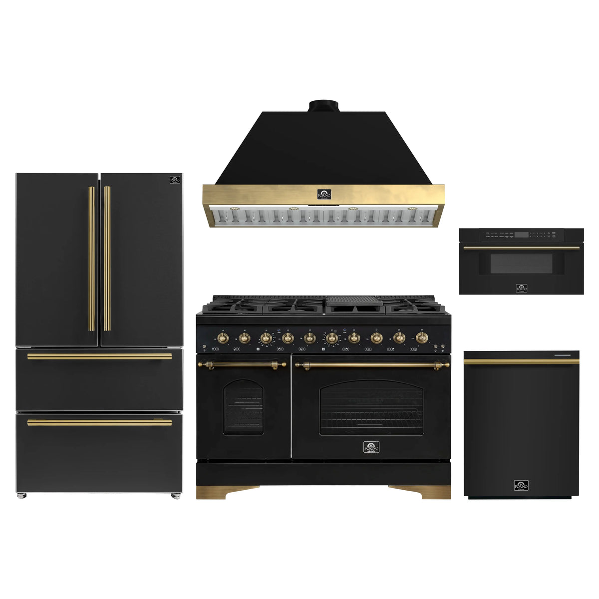 Forno Antico 5-Piece Appliance Package - 48-Inch Gas Range, 48-Inch Hood, 36-Inch Refrigerator, 24-Inch Dishwasher, & 30-Inch Microwave Drawer in Black with Antique Brass Trim