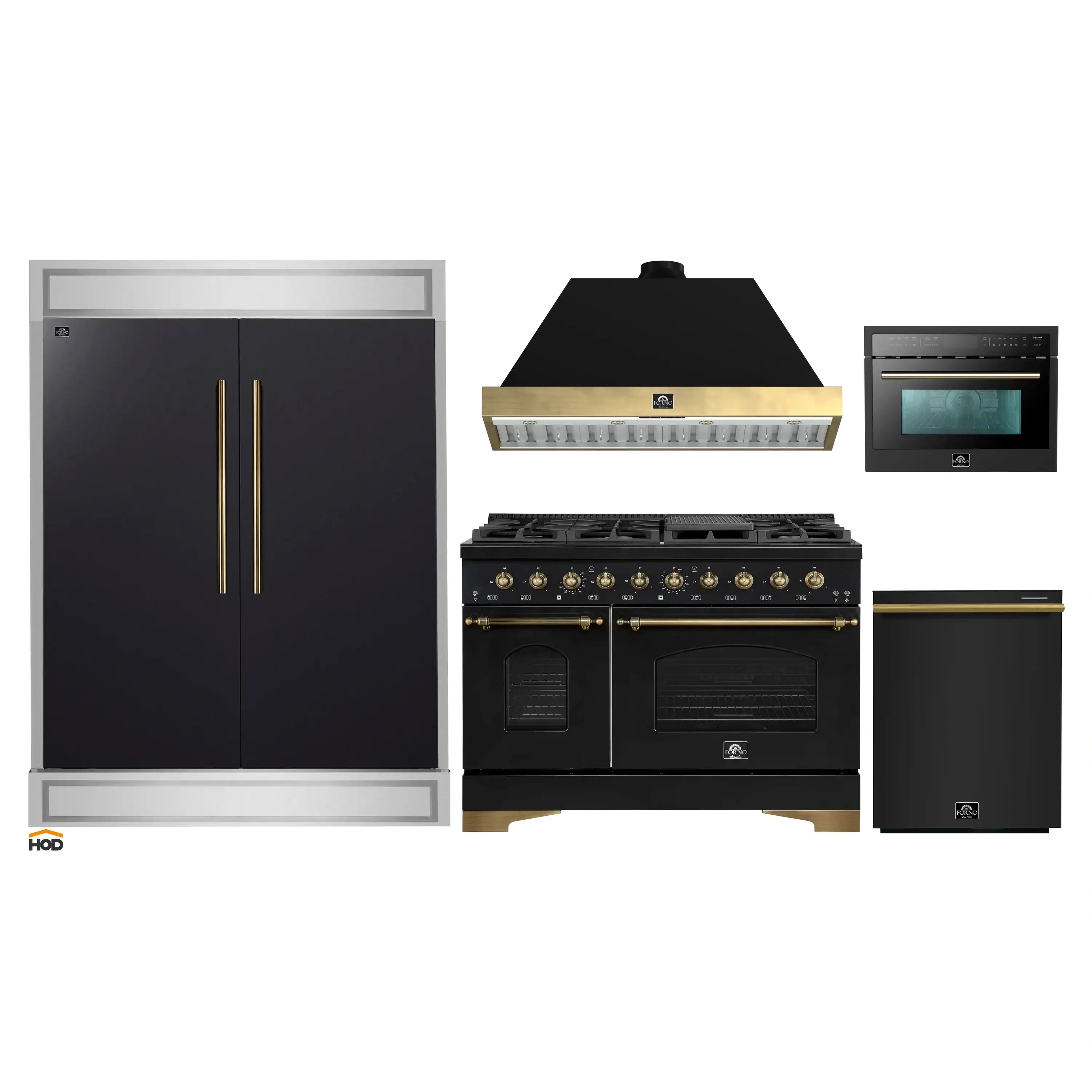 Black appliance package set with gas range, hood, microwave, and tall refrigerator.