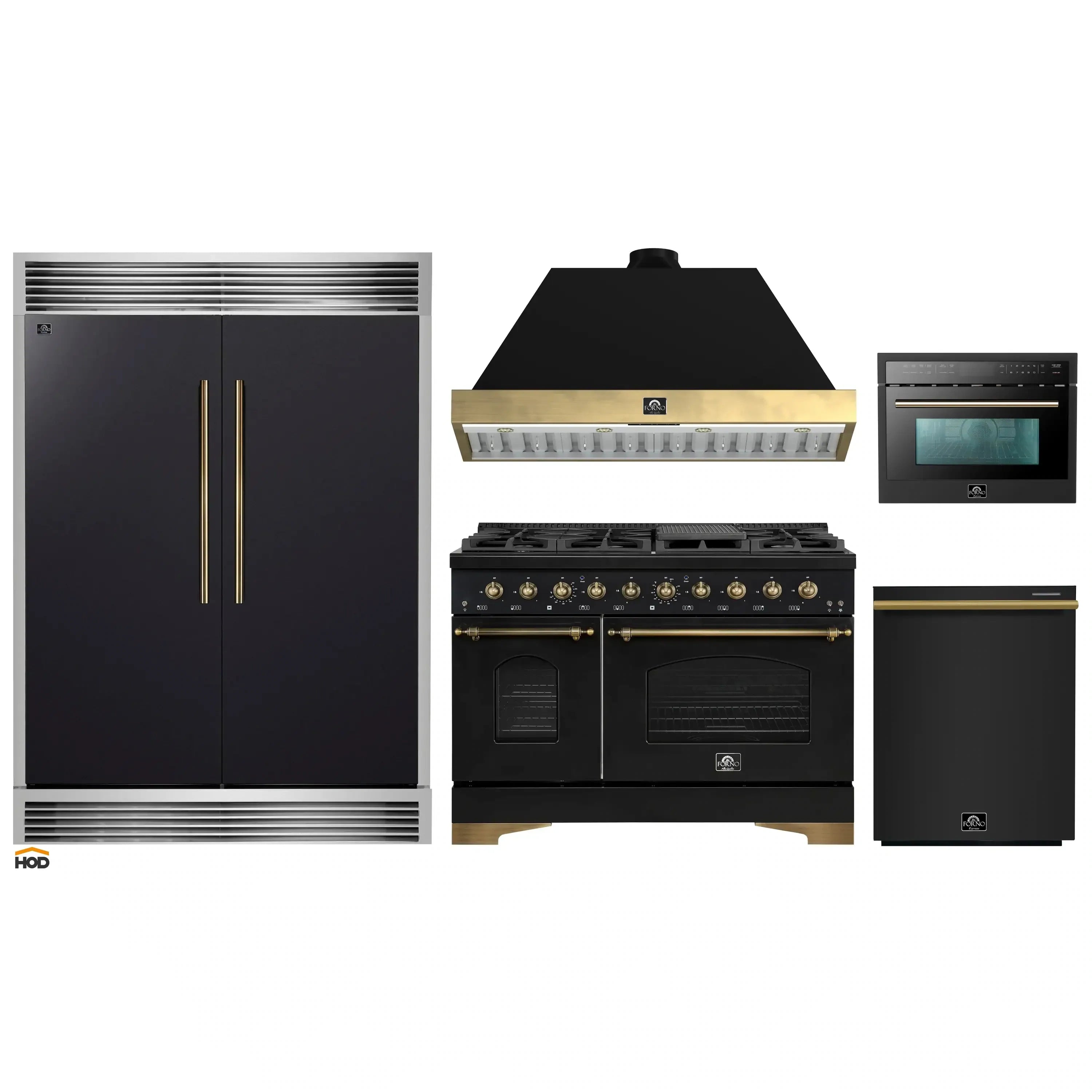 Black 5-piece appliance package with antique brass accents in an arrangement