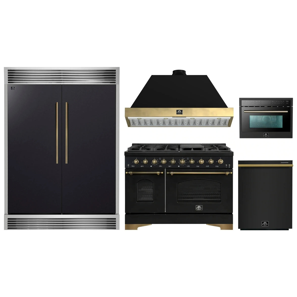 Forno 5-Piece Appliance Package - 48-Inch Gas Range, Hood, 60-Inch Convertible Refrigerator with Modern Grille Trim, Dishwasher, and 24-Inch Microwave Oven in Black with Antique Brass Trim