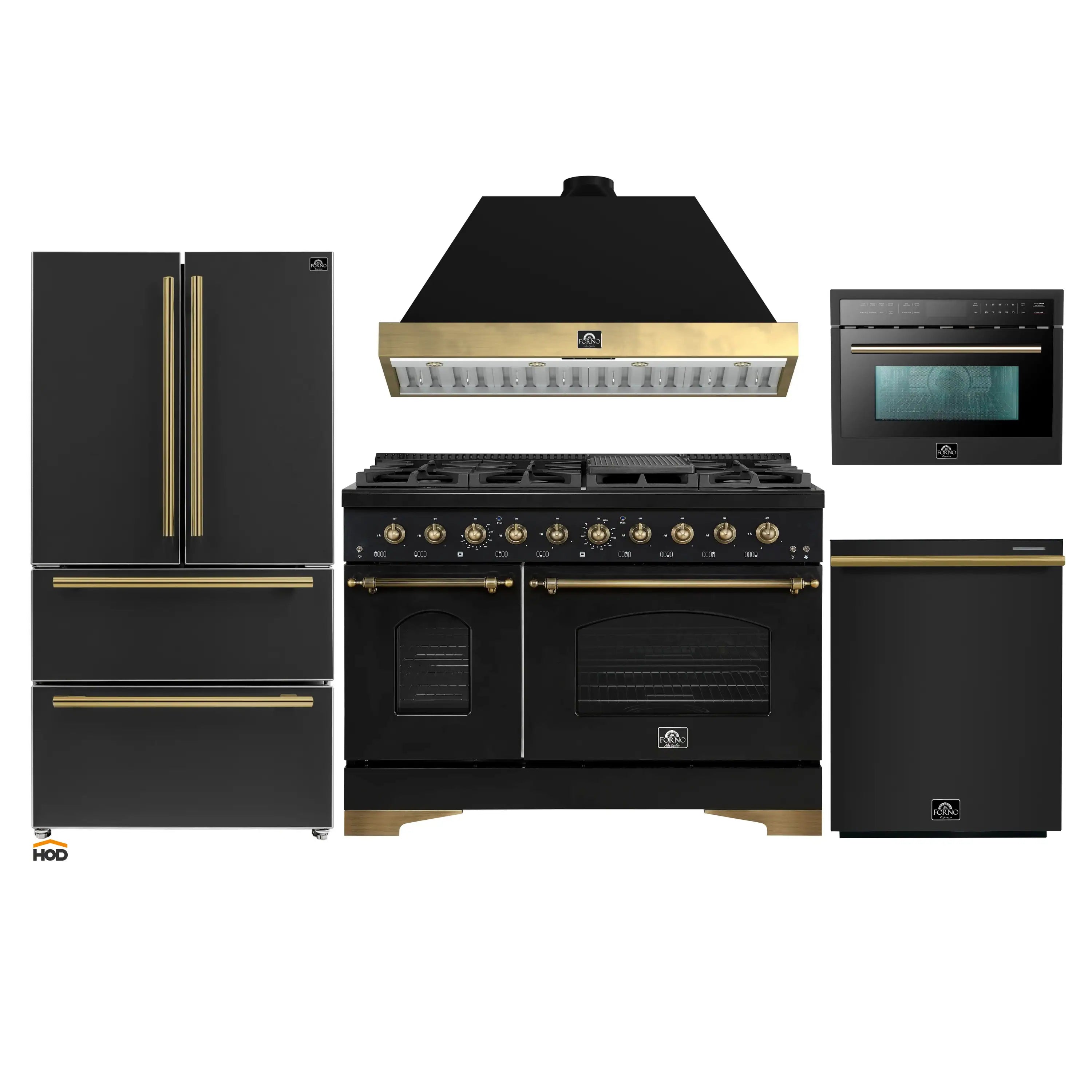 Black kitchen appliance package with gold-trimmed gas range, hood, refrigerator, dishwasher, microwave