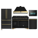 Forno Antico 5-Piece Appliance Package - 48-Inch Gas Range, 48-Inch Hood, 36-Inch Refrigerator, 24-Inch Dishwasher, & 24-Inch Microwave Oven in Black with Antique Brass Trim