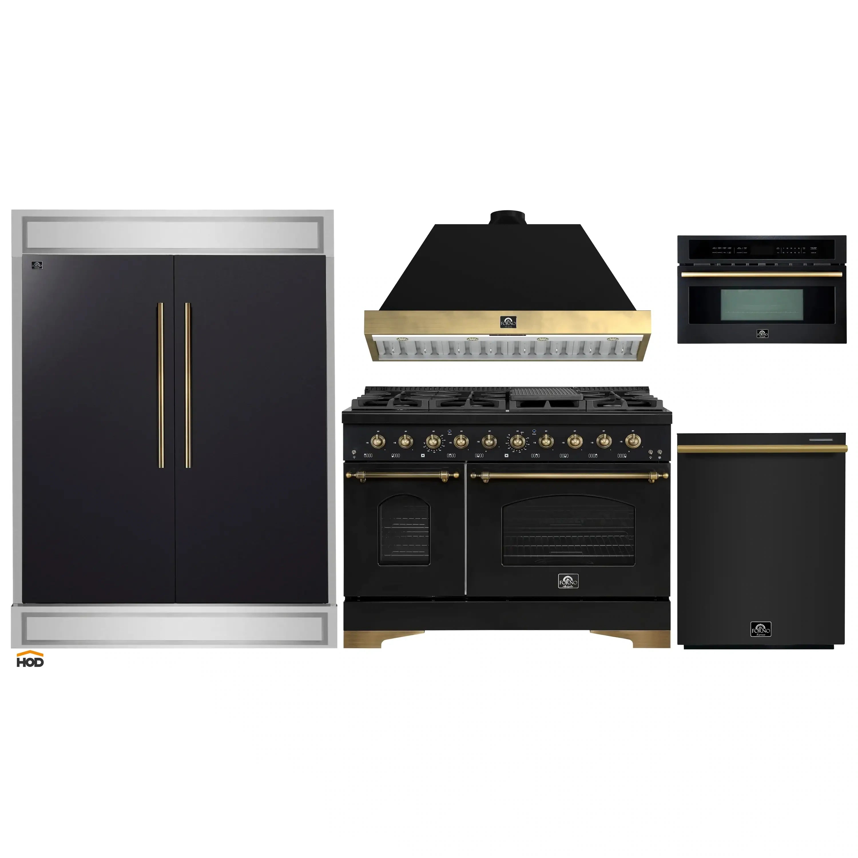 Black kitchen appliance package: refrigerator, gas range, microwave, and dishwasher