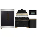 Forno 5-Piece Appliance Package - 48-Inch Gas Range, 60-Inch Convertible Refrigerator with Modern Trim, Dishwasher, and 30-Inch Microwave Oven in Black with Antique Brass Handle