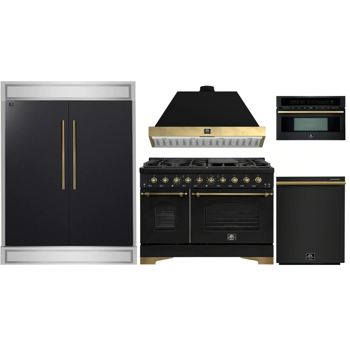 Forno 5-Piece Appliance Package - 48-Inch Gas Range, Hood, 60-Inch Convertible Refrigerator with Modern Trim, Dishwasher, and 30-Inch Microwave Oven in Black with Antique Brass Trim