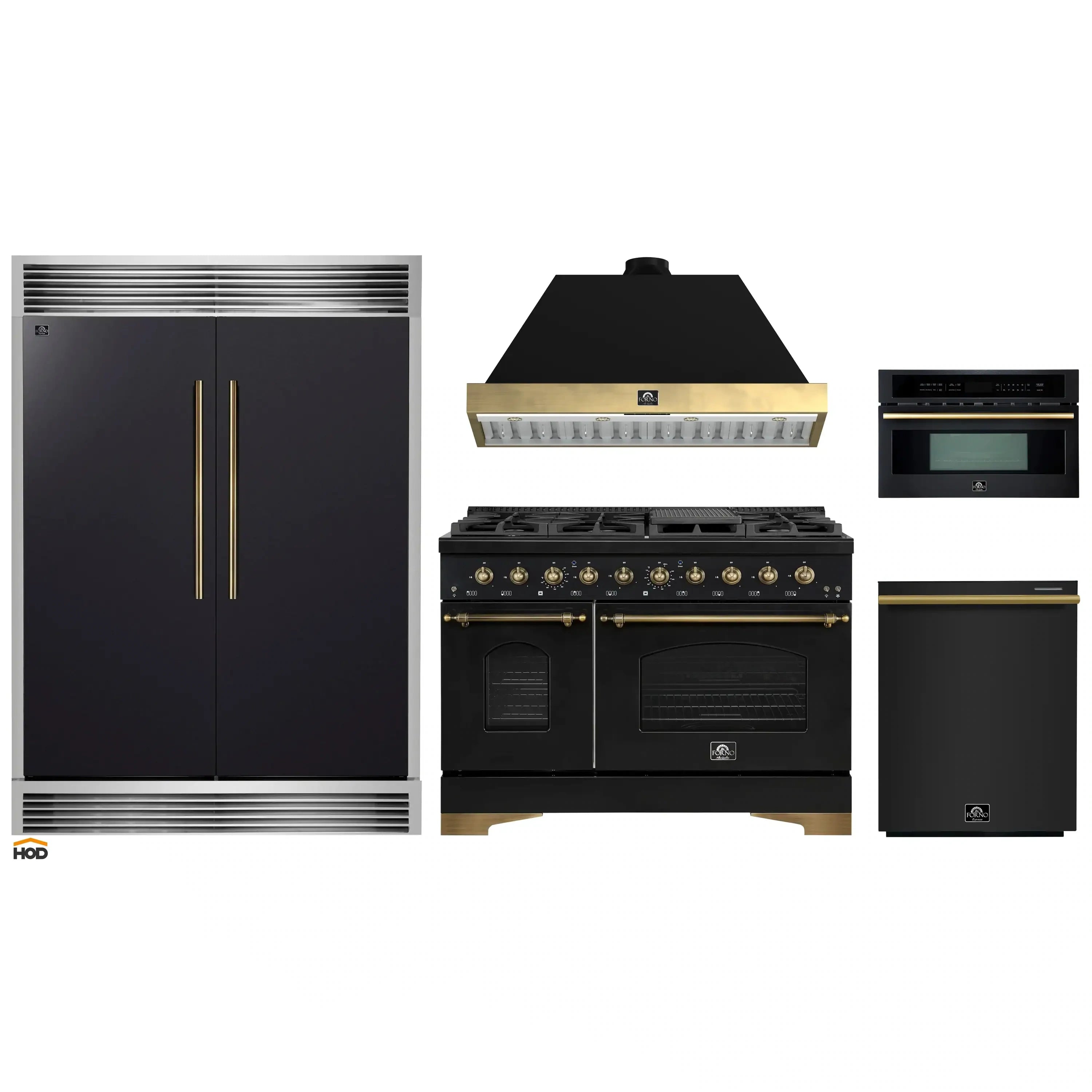 5-piece black appliance package set: refrigerator, range, microwave, dishwasher with brass accents