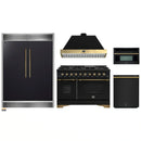 Forno 5-Piece Appliance Package - 48-Inch Gas Range, 60-Inch Convertible Refrigerator with Modern Grille Trim, Dishwasher, and 30-Inch Microwave Oven in Black with Antique Brass Handle