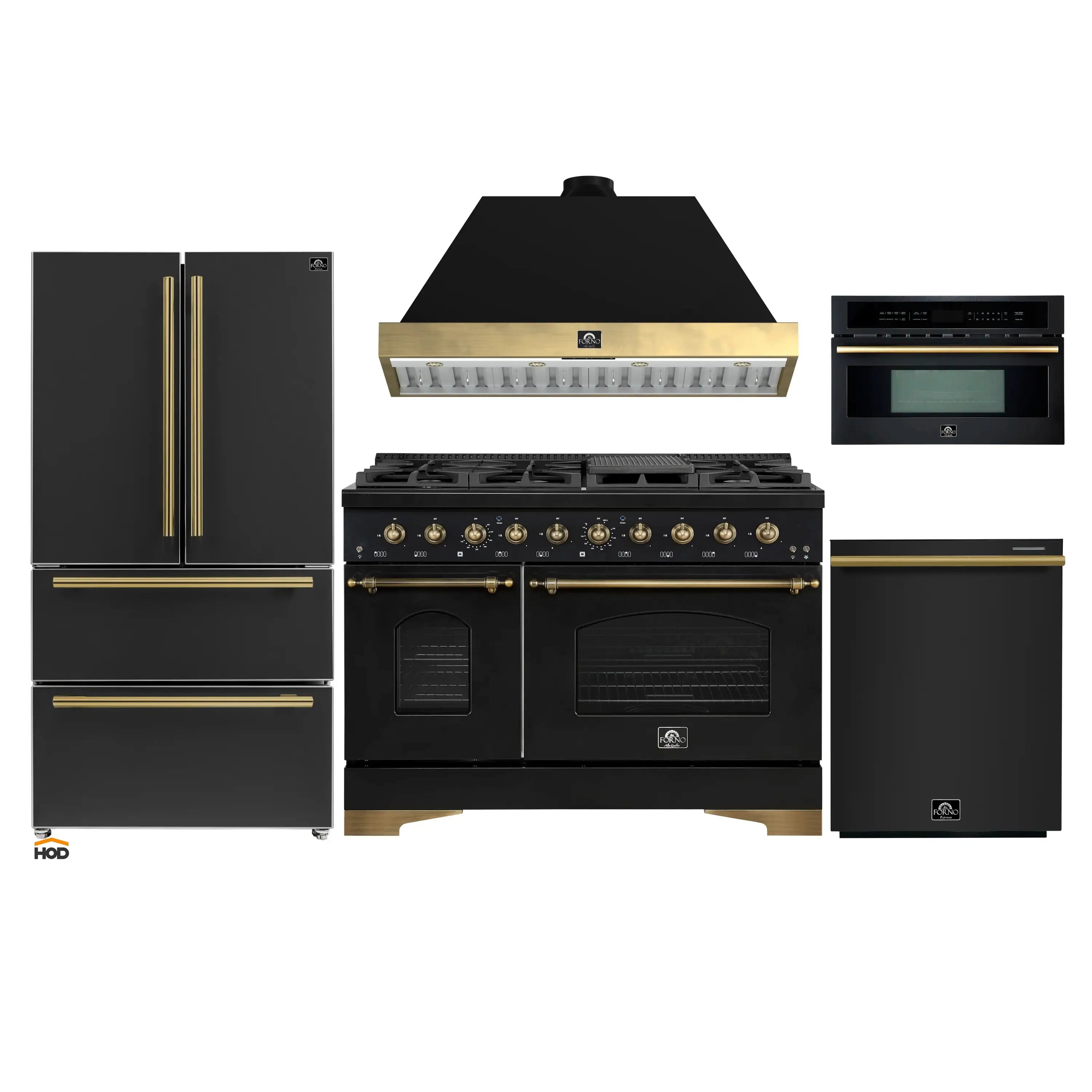 Black kitchen appliance package with antique brass trim: range, hood, fridge, microwave