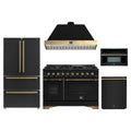 Forno Antico 5-Piece Appliance Package - 48-Inch Gas Range, 48-Inch Hood, 36-Inch Refrigerator, 24-Inch Dishwasher, & 30-Inch Microwave Oven in Black with Antique Brass Trim