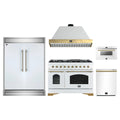 Forno 5-Piece Appliance Package - 48-Inch Antico Gas Range, Wall Mount Range Hood, 60-Inch Refrigerator, Dishwasher, & 24-Inch Microwave Drawer in White with Antique Brass Trim
