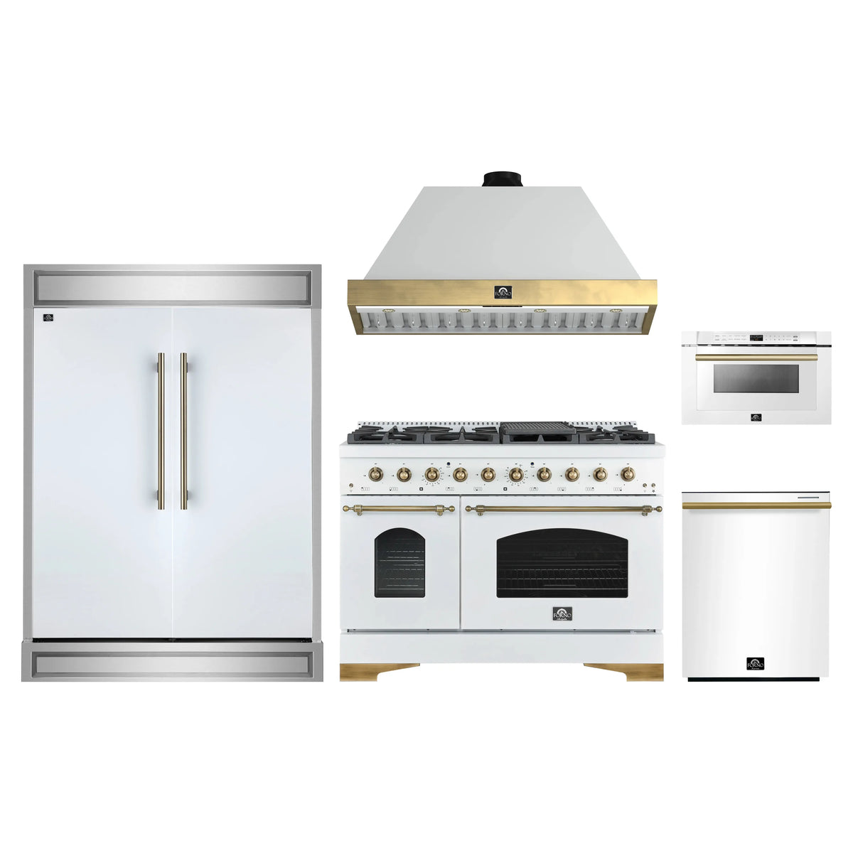 Forno 5-Piece Appliance Package - 48-Inch Gas Range, Wall Mount Range Hood, 60-Inch Refrigerator, Dishwasher, & 24-Inch Microwave Drawer in White with Antique Brass Trim