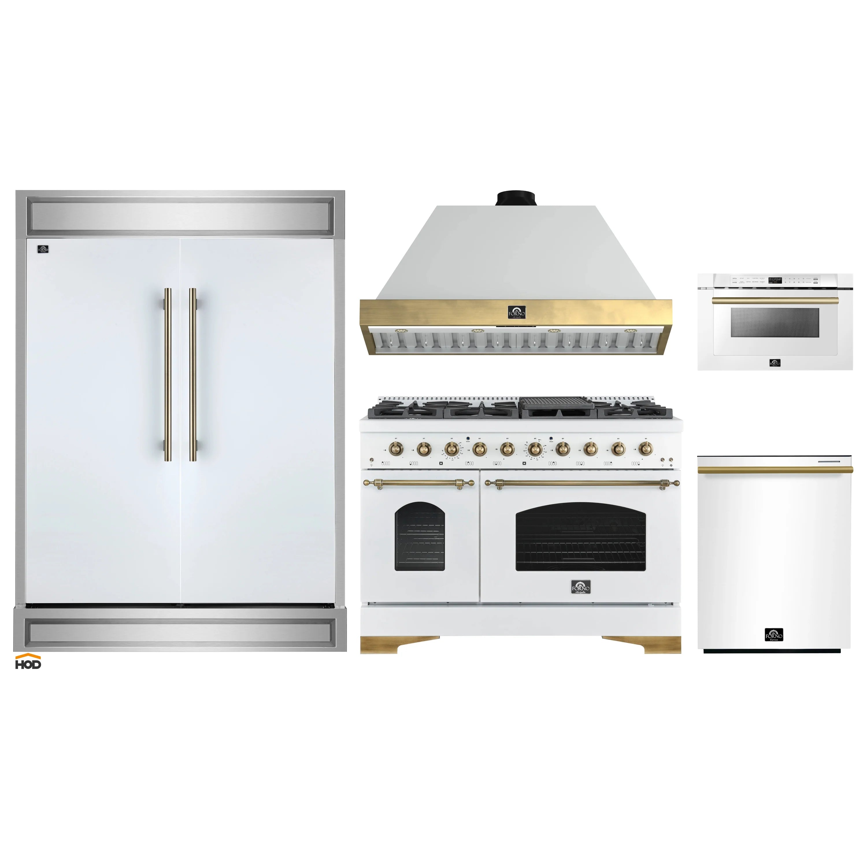 White appliance package with gas range, brass knobs, wall hood, refrigerator, and dishwasher