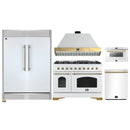 Forno 5-Piece Appliance Package - 48-Inch Antico Gas Range, Wall Mount Range Hood, 60-Inch Refrigerator, Dishwasher, & 24-Inch Microwave Drawer in White with Antique Brass Handle